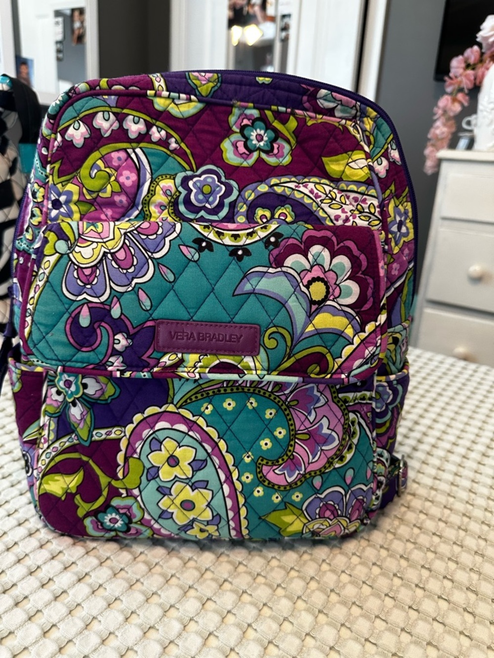 Vera Bradley Quilted Paisley Mini Backpack in Teal, Purple & Lime